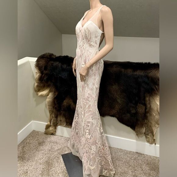 Stunning Custom Embroidered & Sequined Floral Lace Sexy Back Fishtail Gown - Picture 9 of 14